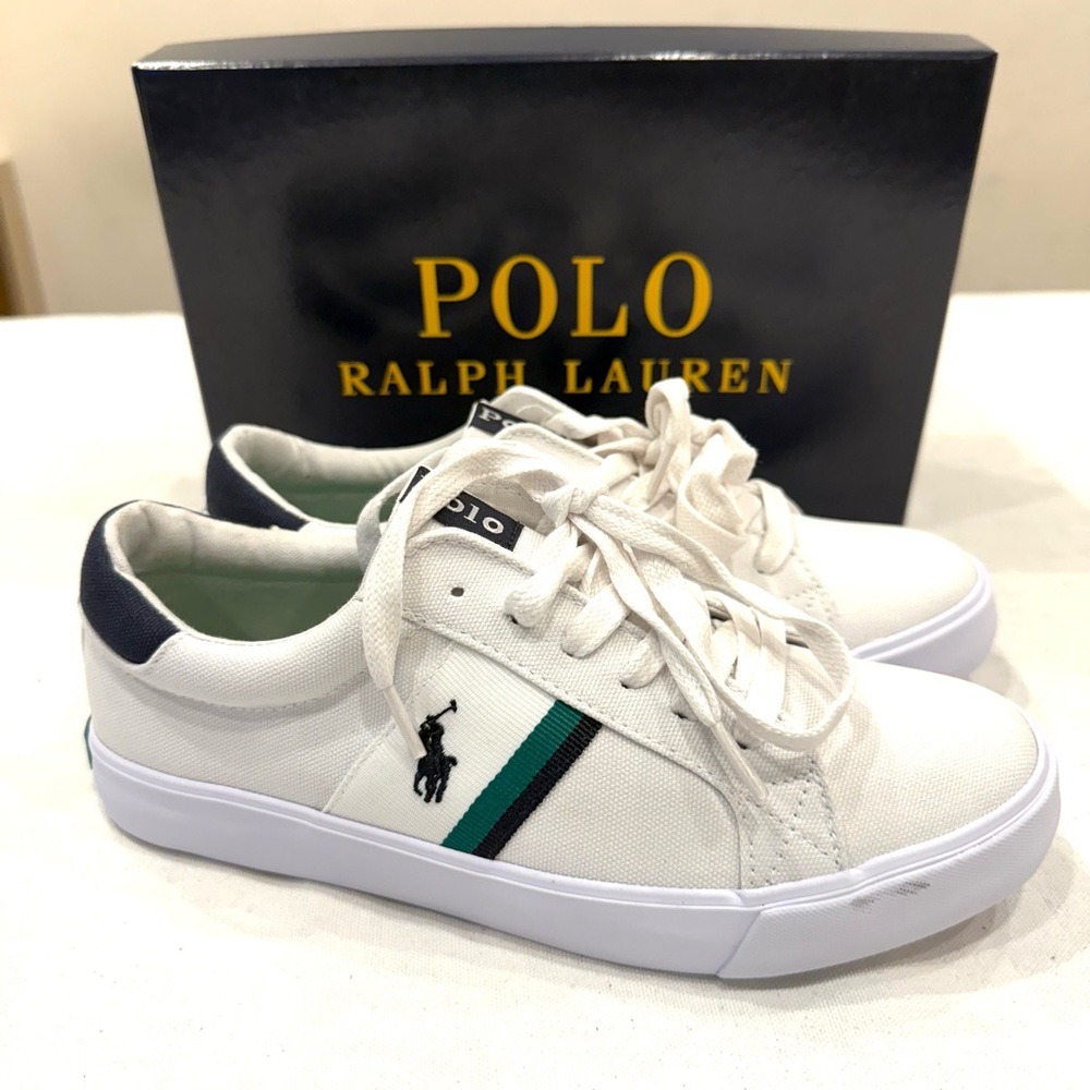 POLO RALPH LAUREN GAFFNEY JUNIOR BOYS KID SHOES COLOR WHITE/ GREEN / NAVY